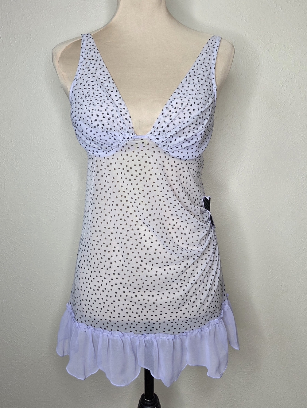 Victoria’s Secret Polka Dot Mesh Babydoll Lingerie 36C Y2K Sheer Ruffle Hem